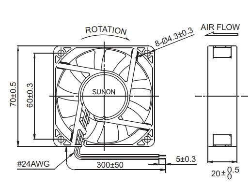 Габаритные размеры вентилятора ME70202V1-000U-A99 Sunon