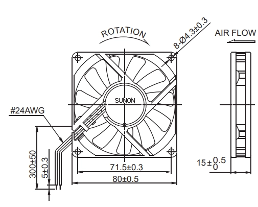 Габаритные размеры вентилятора ME80152V3-000U-A99 Sunon