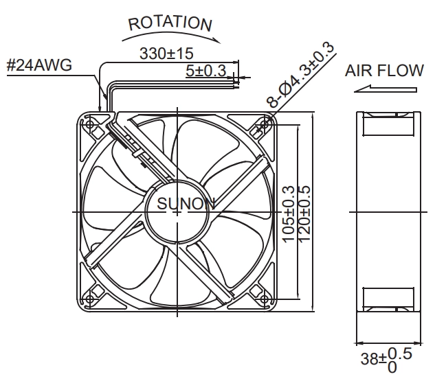 Габаритные размеры Sunon MEC0384V1-0000-A99 Габаритные размеры Sunon MEC0384V1-0000-A99