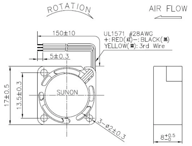 Габаритные размеры Sunon MF17080V1-G99-A Габаритные размеры Sunon MF17080V1-G99-A