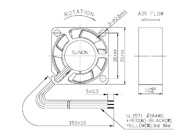 Габаритные размеры вентилятора MF25100V1-G99-A Sunon