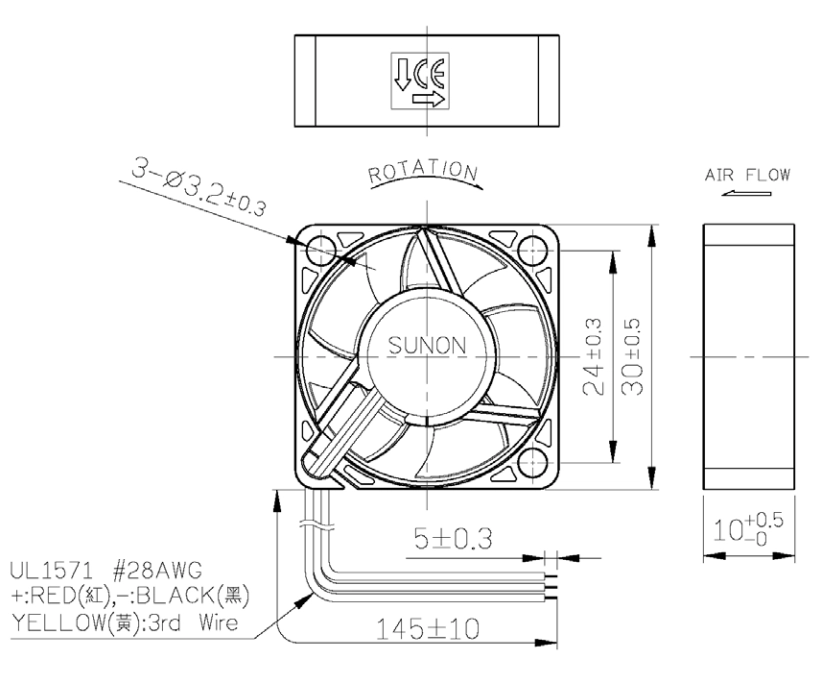 Габаритные размеры вентилятора MF30100V1-1000U-S99 Sunon