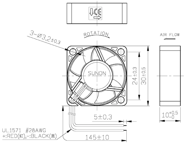 Габаритные размеры Sunon MF30101V1-Q000-G99 Габаритные размеры Sunon MF30101V1-Q000-G99