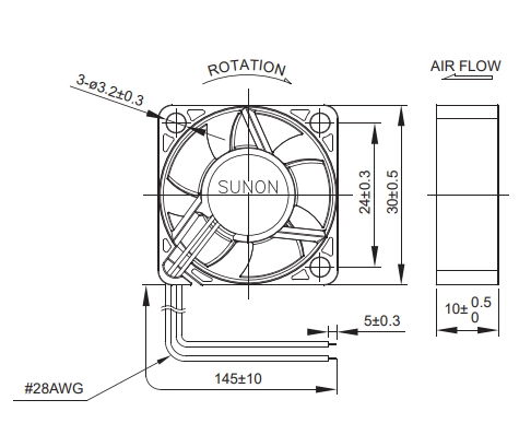 Габаритные размеры вентилятора MF30101V1-G99-A Sunon