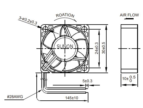 Габаритные размеры вентилятора MF30101V2-1000U-A99 Sunon