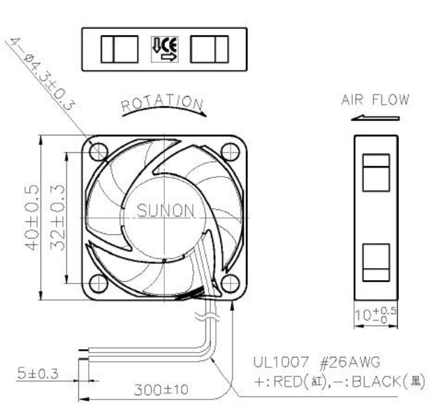 Габаритные размеры вентилятора MF40101V1-1000U-A99 Sunon