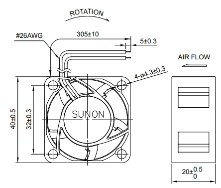 Габаритные размеры вентилятора MF40200V3-1000U-G99 Sunon Габаритные размеры вентилятора MF40200V3-1000U-G99 Sunon