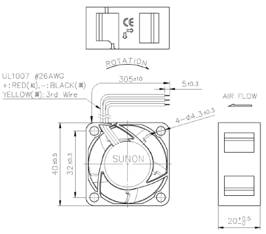 Габаритные размеры Sunon MF40201V2-1000U-G99 Габаритные размеры Sunon MF40201V2-1000U-G99