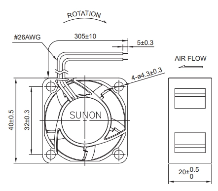 Габаритные размеры вентилятора MF40201VX-G99 Sunon