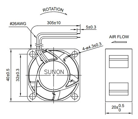 Габаритные размеры вентилятора MF40202VX-1000U-F99 Sunon