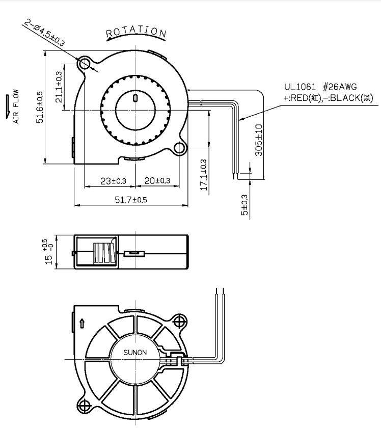 Габаритные размеры вентилятора MF50151V1-B00U-A99 Sunon