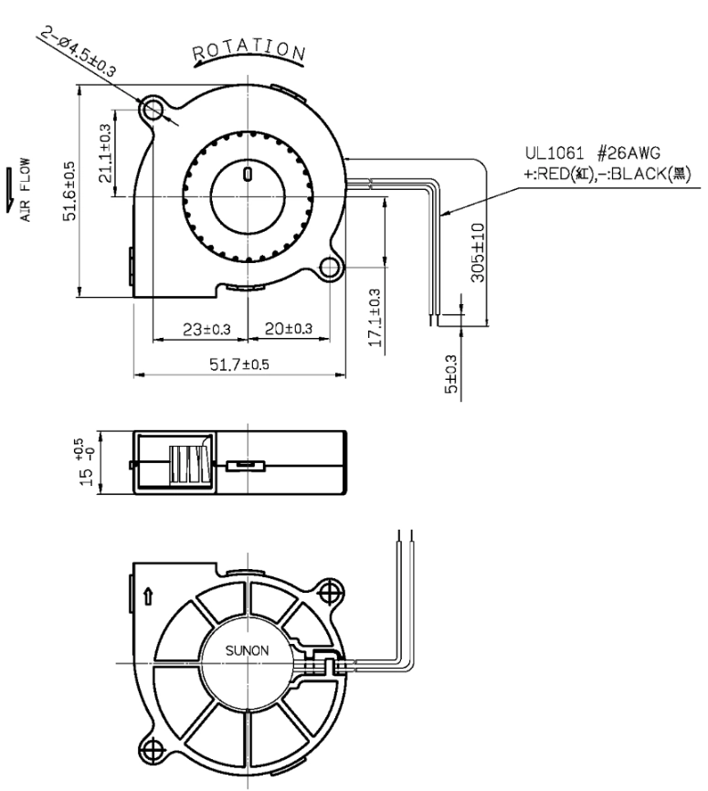 Габаритные размеры Sunon MF50151VX-B000-A99 Габаритные размеры Sunon MF50151VX-B000-A99