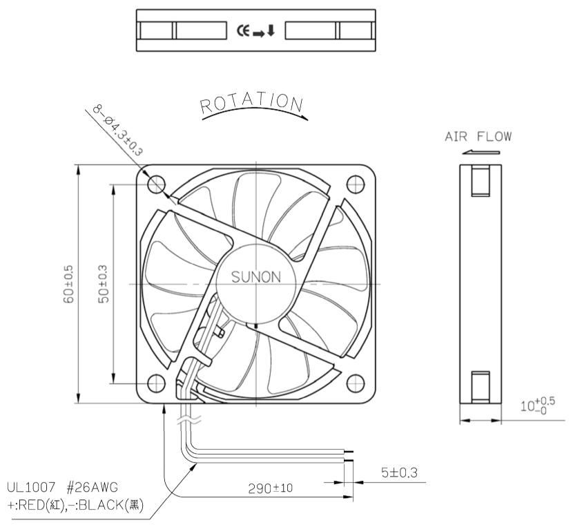Габаритные размеры Sunon MF60101V1-10000-A99 Габаритные размеры Sunon MF60101V1-10000-A99