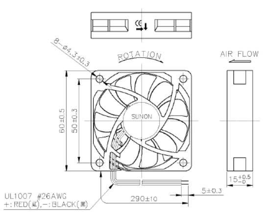 Габаритные размеры Sunon MF60152V2-A99-A Габаритные размеры Sunon MF60152V2-A99-A