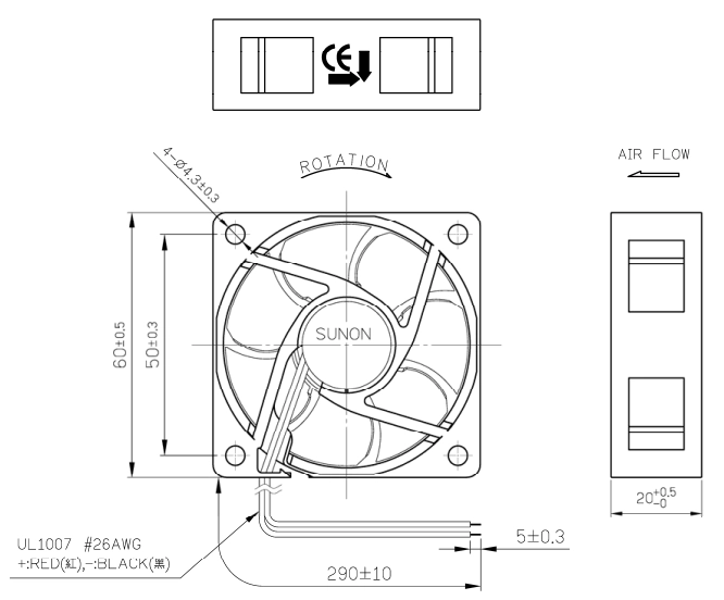 Габаритные размеры Sunon MF60201V3-A99-A Габаритные размеры Sunon MF60201V3-A99-A