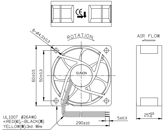 Габаритные размеры Sunon MF60251V1-G99-A Габаритные размеры Sunon MF60251V1-G99-A