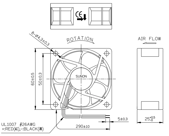 Габаритные размеры Sunon MF60252VX-A99-A Габаритные размеры Sunon MF60252VX-A99-A
