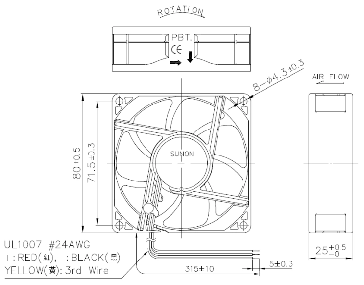 Габаритные размеры Sunon MF80251V1-G99-A Габаритные размеры Sunon MF80251V1-G99-A