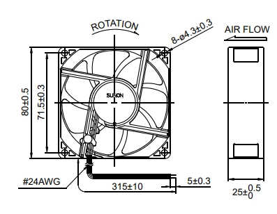 Габаритные размеры вентилятора MF80252V1-1000U-G99 Sunon