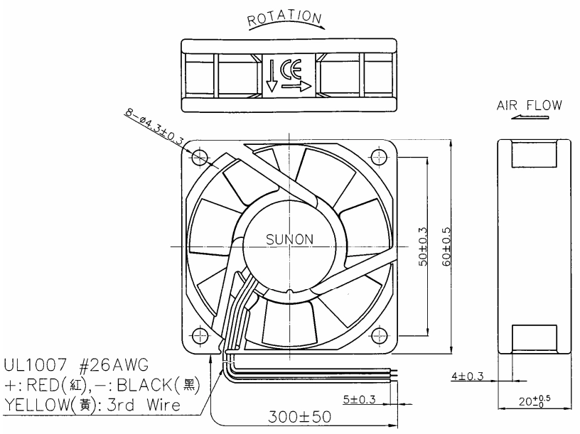 Габаритные размеры Sunon PE60201B1-G99 Габаритные размеры Sunon PE60201B1-G99