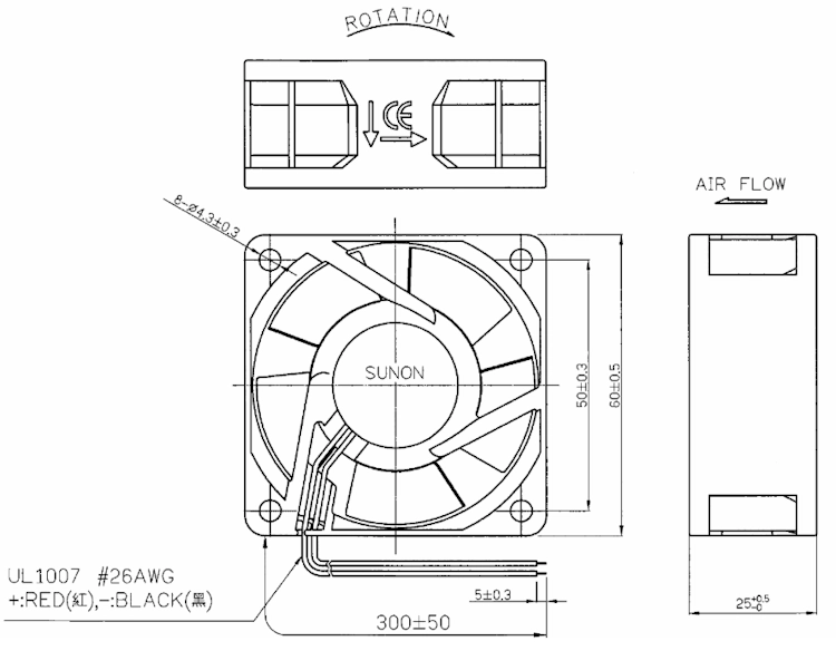 Габаритные размеры Sunon PE60252BX Габаритные размеры Sunon PE60252BX