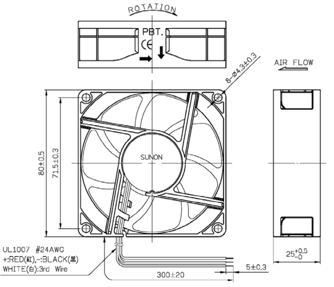 Габаритные размеры Sunon PE80251B2-Q000-F99 Габаритные размеры Sunon PE80251B2-Q000-F99