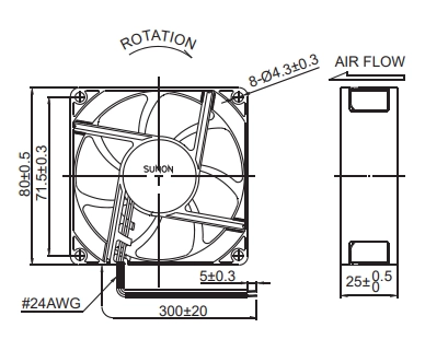 Габаритные размеры вентилятора PE80252B3-00C-A99 Sunon