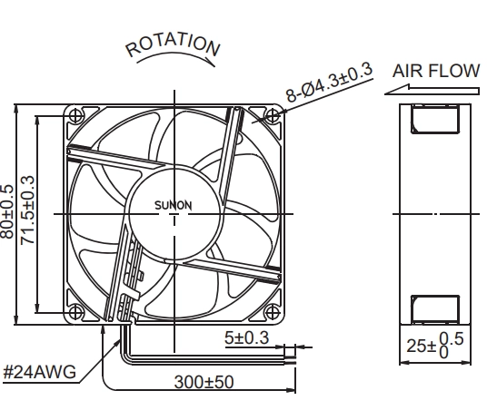 Габаритные размеры вентилятора PE80252V3-000U-A99 Sunon