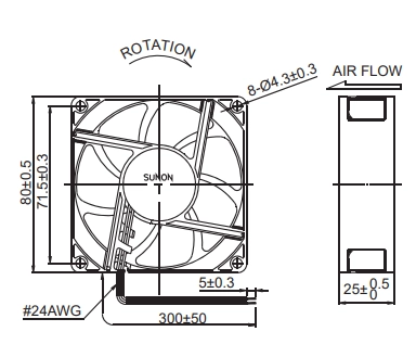 Габаритные размеры вентилятора PE80254V1-000U-A99 Sunon