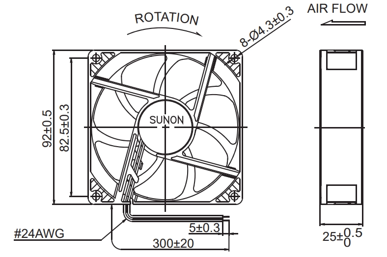 Габаритные размеры вентилятора PE92252B3-000U-A99 Sunon