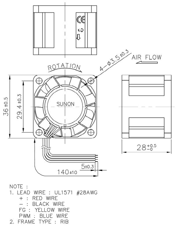 Габаритные размеры Sunon PF36281BX-S99 Габаритные размеры Sunon PF36281BX-S99