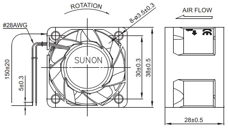 Габаритные размеры Sunon PF38281B1-0000-A99 Габаритные размеры Sunon PF38281B1-0000-A99
