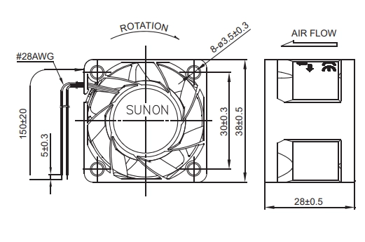 Габаритные размеры вентилятора PF38281BX-000U-A99 Sunon