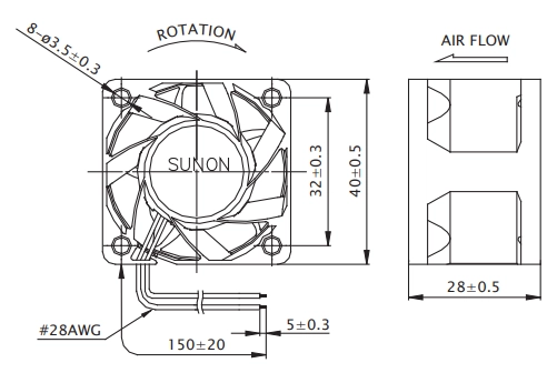 Габаритные размеры вентилятора PF40281B1-0000-A99 Sunon