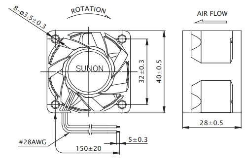 Габаритные размеры вентилятора PF40281B3-000U-G99 Sunon