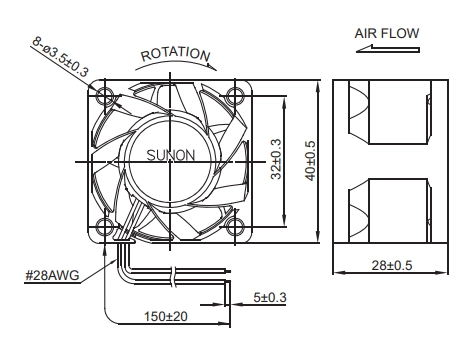 Габаритные размеры вентилятора PF40281BX-000U-A99 Sunon