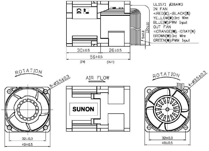 Габаритные размеры Sunon PF40561B1-000U-S99