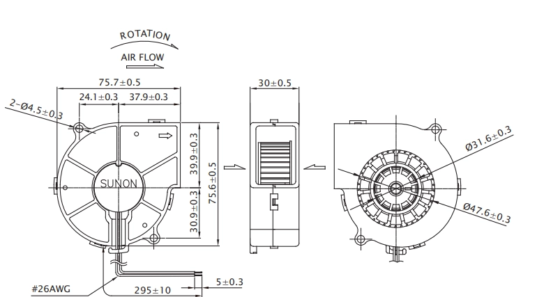 Габаритные размеры вентилятора PF75301B3-A99-B Sunon
