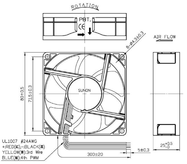 Габаритные размеры Sunon PF80251B1-S99 Габаритные размеры Sunon PF80251B1-S99