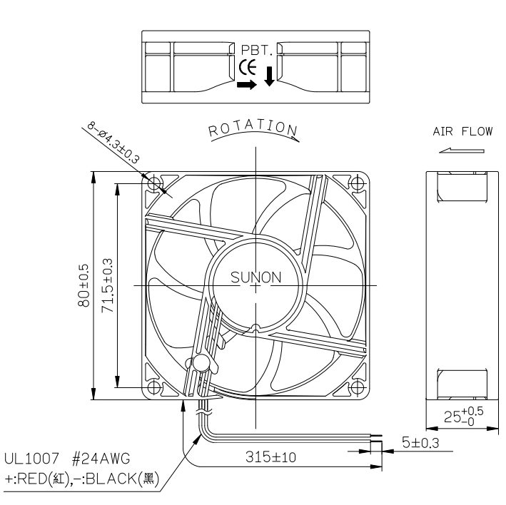 Габаритные размеры вентилятора PF80251V1-1000U-A99 Sunon
