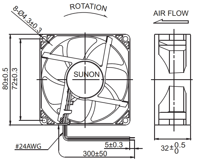 Габаритные размеры Sunon PF80321B1-000C-G99 Габаритные размеры Sunon PF80321B1-000C-G99