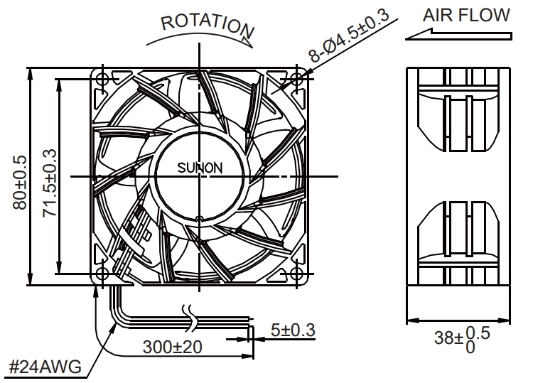 Габаритные размеры Sunon PF80381BX-Q031-S9H Габаритные размеры Sunon PF80381BX-Q031-S9H