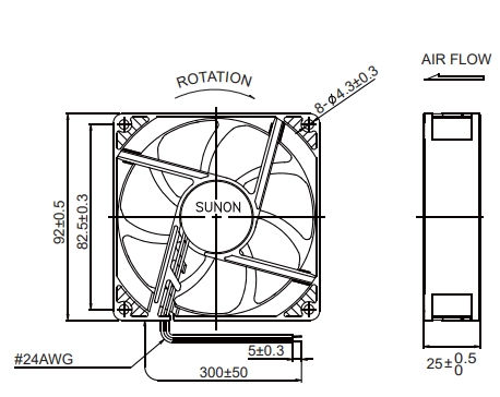 Габаритные размеры вентилятора PF92251B1-S99 Sunon