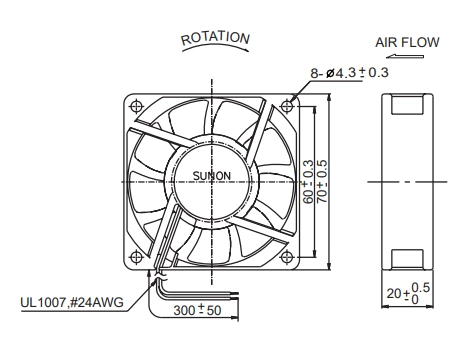 Габаритные размеры вентилятора PF92251B3-000U-A99 Sunon