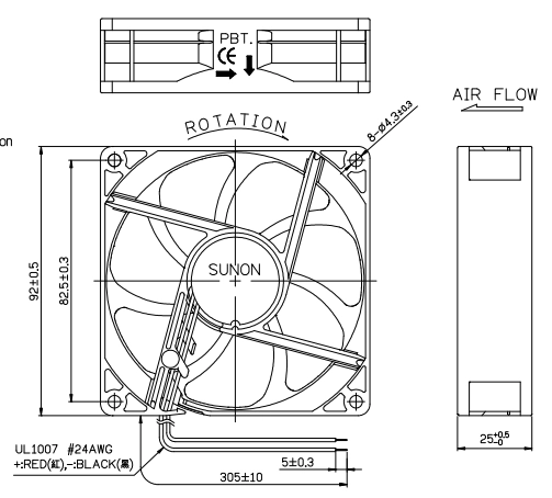 Габаритные размеры Sunon PF92251V1-A99-A Габаритные размеры Sunon PF92251V1-A99-A