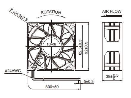 Габаритные размеры вентилятора PF92381B1-000U-A99 Sunon