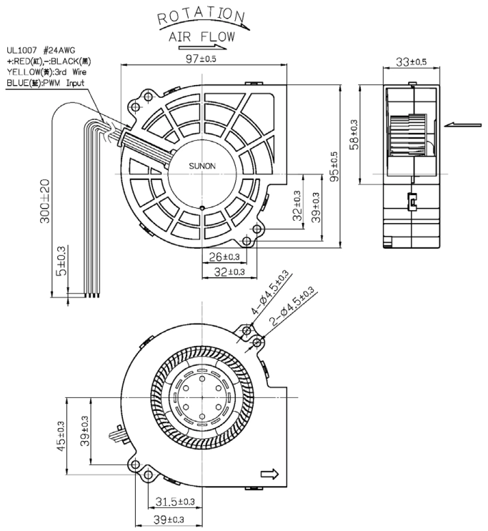 Габаритные размеры Sunon PF97331B1-B00U-S99 Габаритные размеры Sunon PF97331B1-B00U-S99