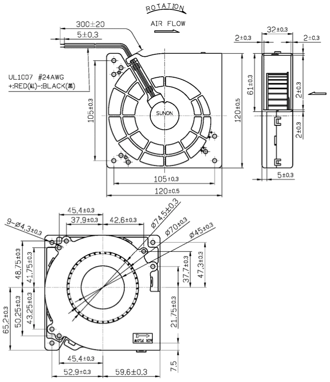 Габаритные размеры Sunon PMB1212PLB2-AF