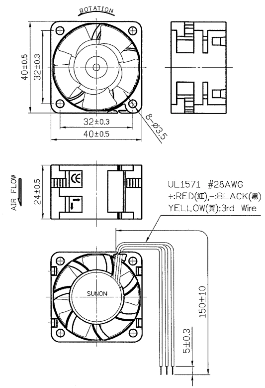 Габаритные размеры вентилятора PMD1204PBB1-A-2-F.GN Sunon