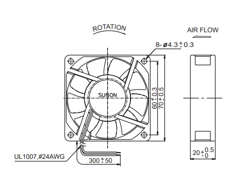 Габаритные размеры вентилятора PMD1207PKV3-A Sunon